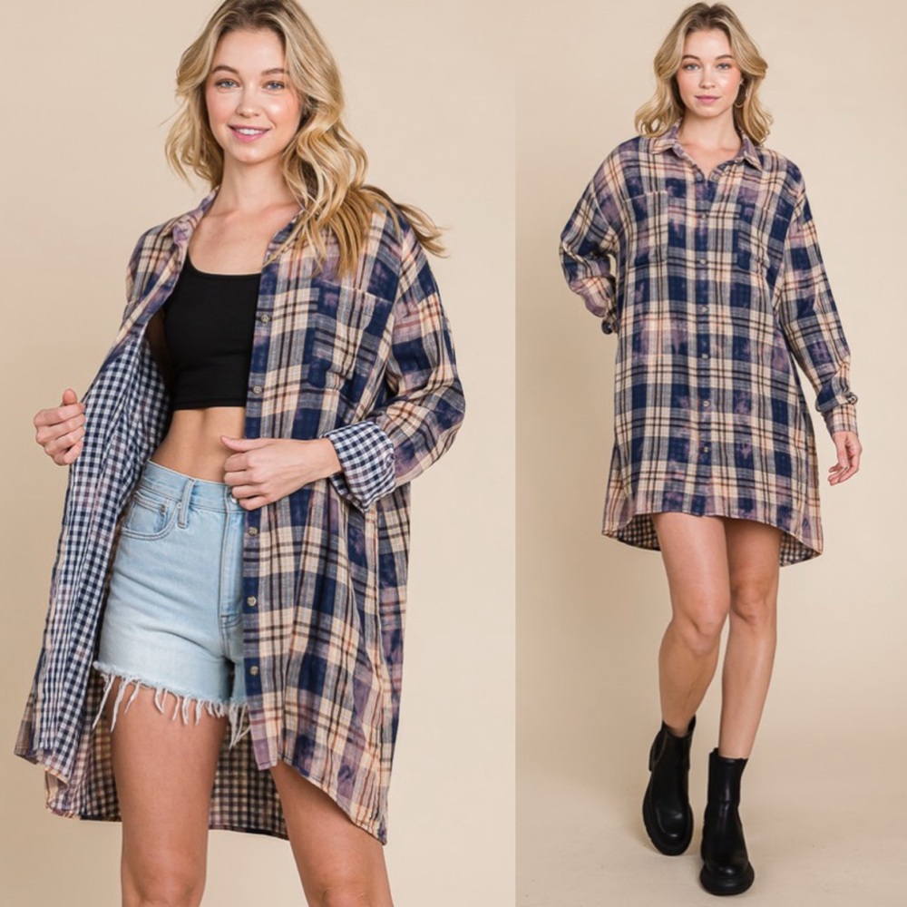 NEW! Cotton Soft Blue/Purple Plaid - Tie Dye Button Down Shirt Dress or Cardigan - Picture 8 of 11